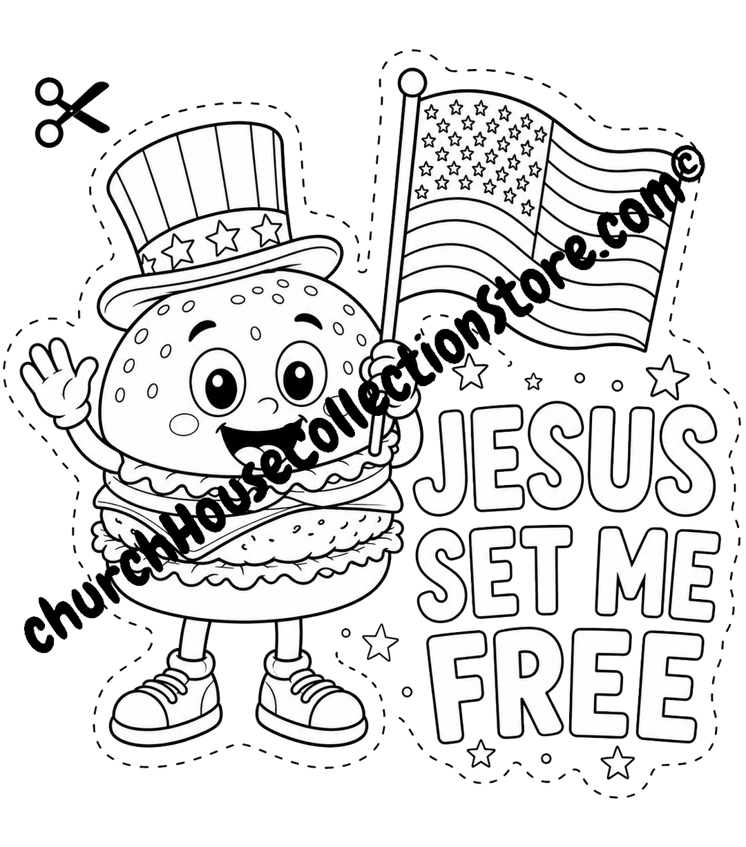 Jesus Set Me Free Hamburger Coloring Page Craft – Fourth of July Bible Craft Cutout for Preschool &amp; Toddlers