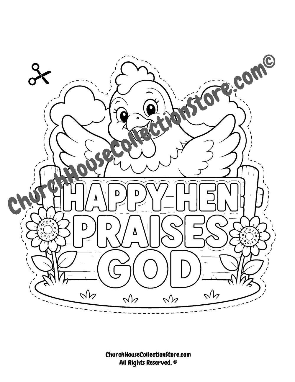 Happy Hen Praises God Craft – Farm Bible Craft for Preschool & Toddlers Chicken Sunday School Crafts for kids. Black and white coloring page version and colored version.