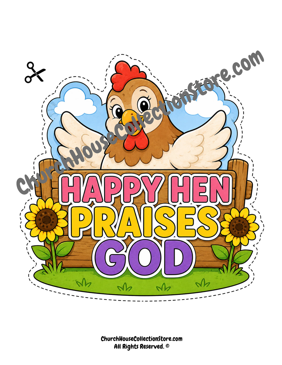 Happy Hen Praises God Craft – Farm Bible Craft for Preschool &amp; Toddlers Chicken Sunday School Crafts for kids. Black and white coloring page version and colored version.