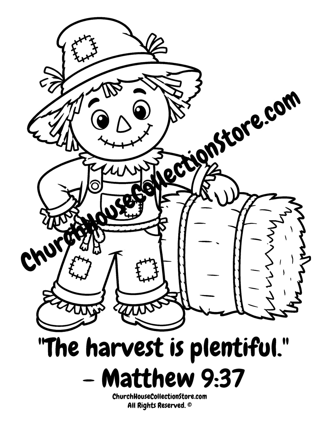Rusty Scarecrow Harvest Coloring Page | Matthew 9:37
