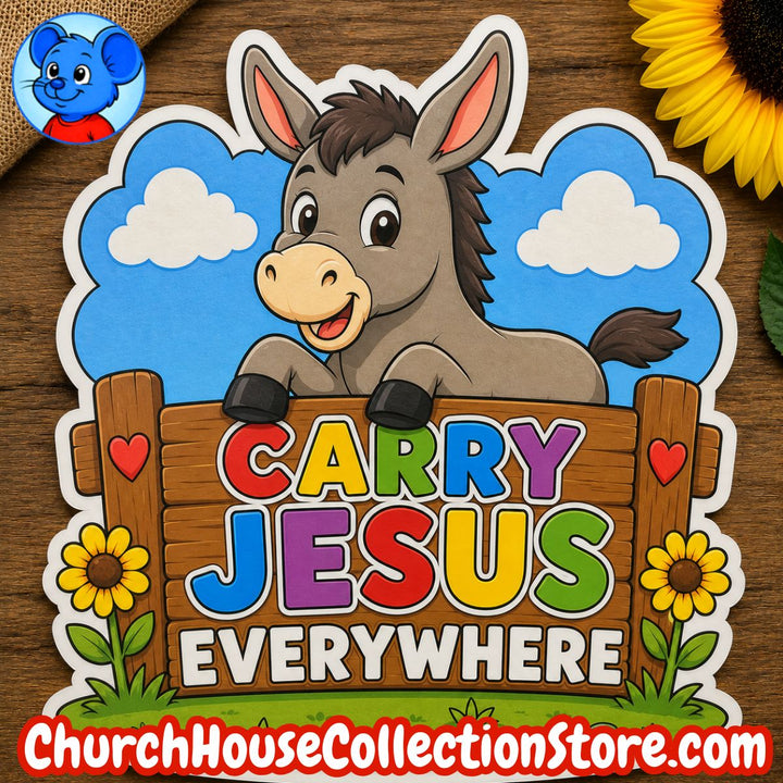 Carry Jesus Everywhere Donkey Craft – Farm Bible Craft for Preschool &amp; Toddlers for Sunday School. Black and white version for coloring and colored version.