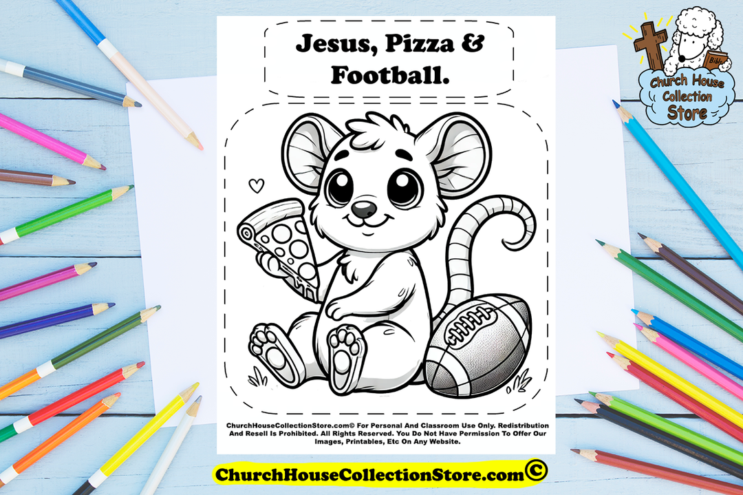 Jesus, Pizza & Football Coloring Page Mouse Cutout Craft by ChurchHouseCollectionStore.com A mouse holding some pizza with a football. 