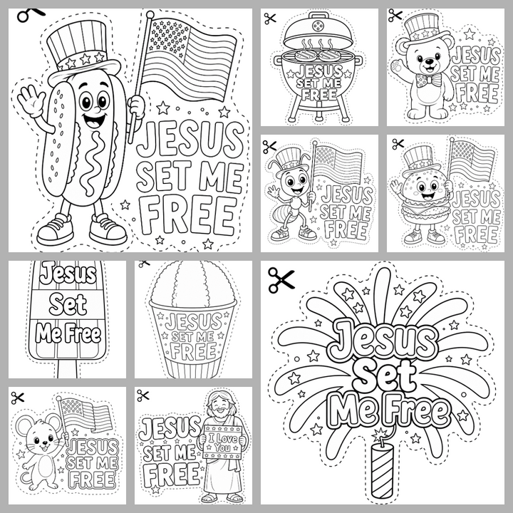 20 "Jesus Set Me Free" Fourth of July Cutout Coloring Page Crafts Bundle