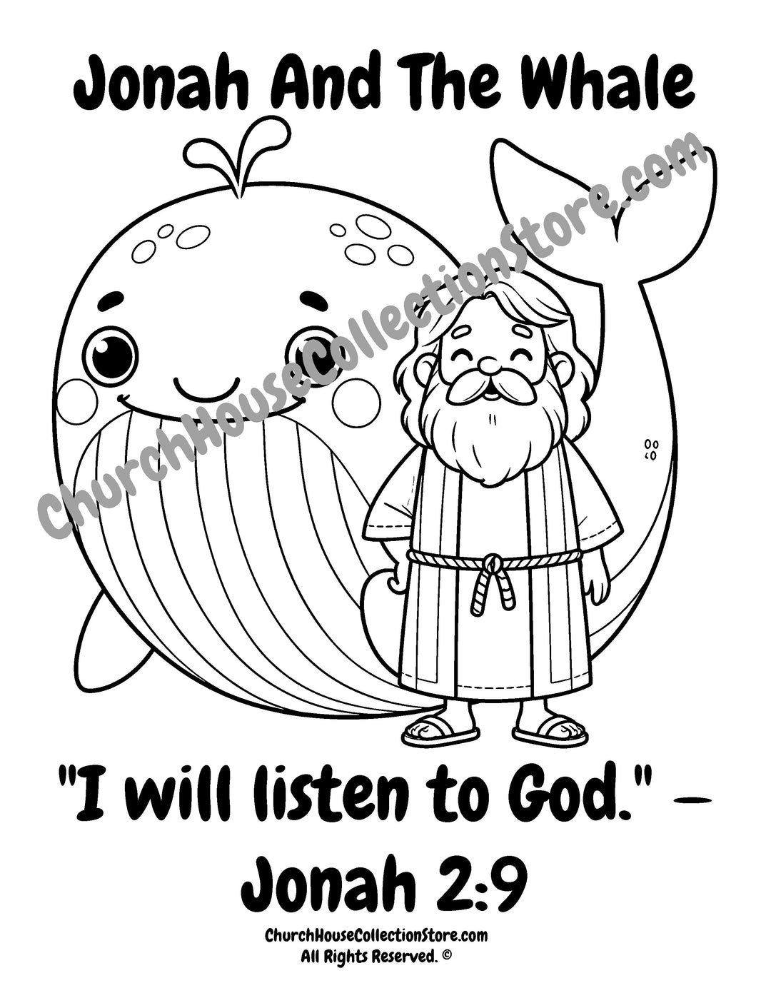 Jonah and the Whale printable preschool Bible coloring page with Jonah standing beside the great fish and the Bible verse Jonah 2:9