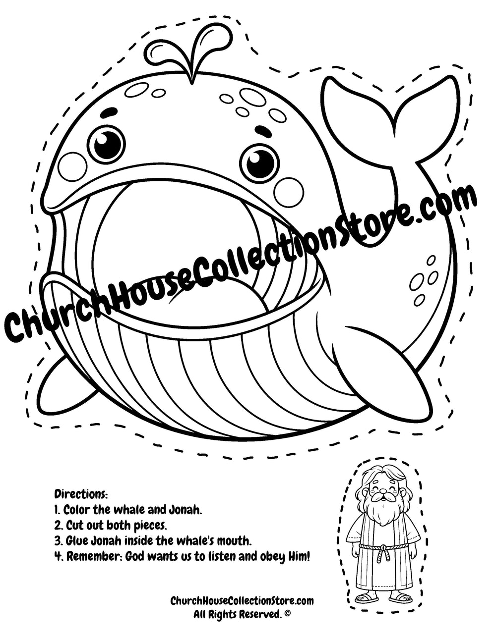 Printable Jonah and the Whale cutout craft for preschool with a large whale and Jonah to color, cut out, and glue inside the whale's mouth