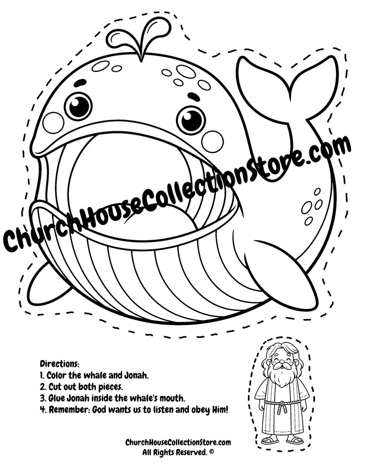 Printable Jonah and the Whale cutout craft for preschool with a large whale and Jonah to color, cut out, and glue inside the whale&