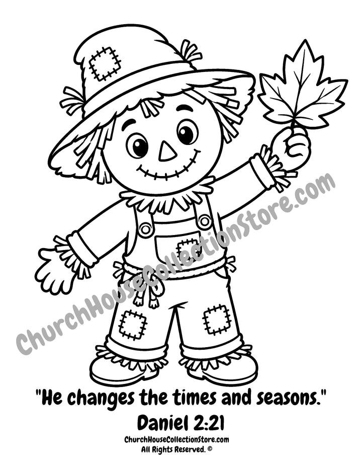 Printable Rusty the Scarecrow fall leaf coloring page featuring Daniel 2:21. Perfect for preschool, Sunday School, homeschool, fall Bible lessons, and Christian classrooms.