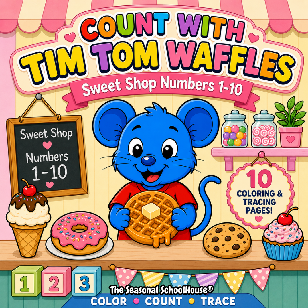 Tim Tom Waffles Sweet Shop Numbers 1-10 coloring and tracing pages bundle featuring preschool counting worksheets and number handwriting practice