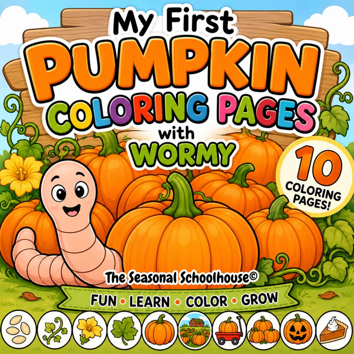 Colorful cover for My First Pumpkin Coloring Pages with Wormy Bundle featuring pumpkins, Wormy the worm, and 10 printable preschool vocabulary coloring pages for autumn learning.
