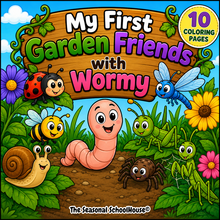 My First Garden Friends with Wormy 10 printable preschool garden bug coloring pages bundle