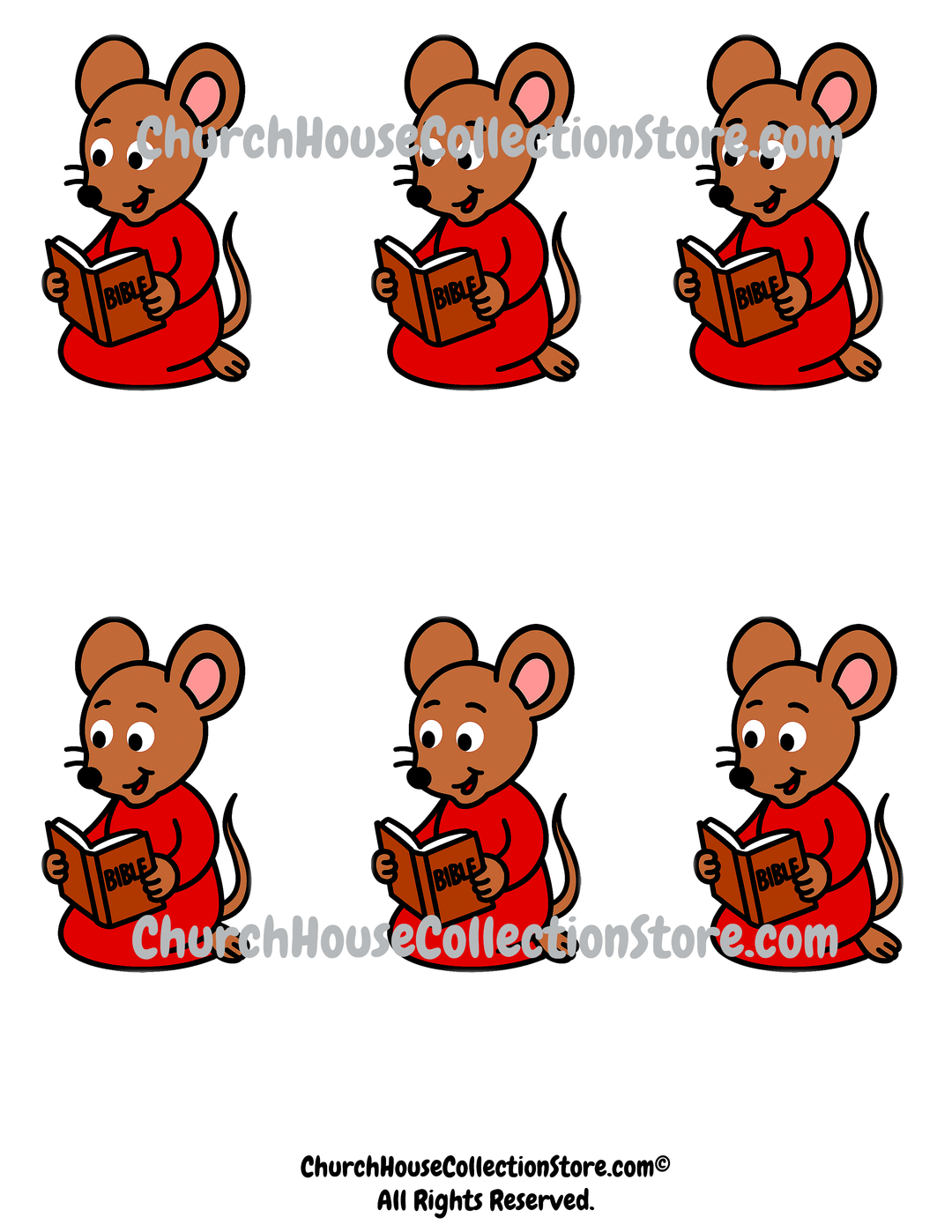 Six cartoon mice in red outfits reading books on a white background, with 'Church House Collection Store' branding.
