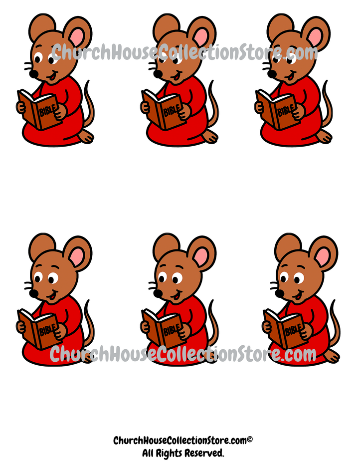 Six cartoon mice in red outfits reading books on a white background, with 'Church House Collection Store' branding.