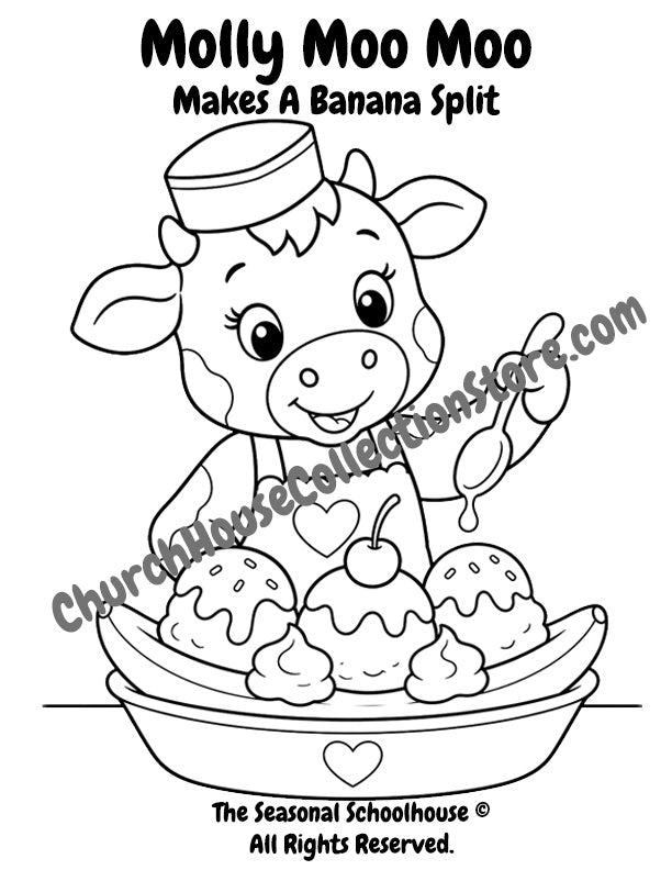 Molly Moo Moo Makes a Banana Split Coloring Page. Cow makes dessert coloring pages.