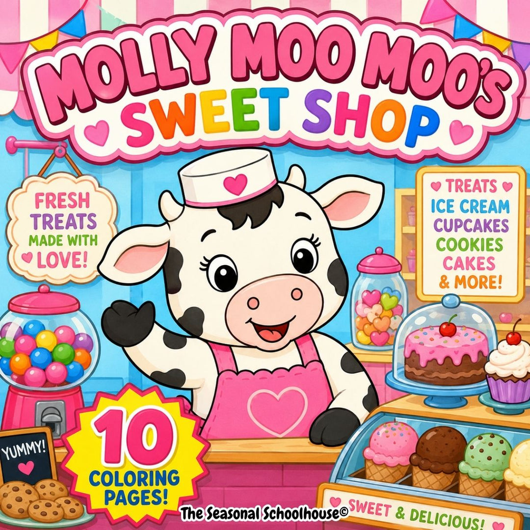 10 Molly Moo Moo's Sweet Shop Coloring Pages Bundle. Molly Moo Moo is ready to welcome children into her sweet shop! This adorable coloring page bundle features Molly Moo Moo creating delicious desserts and sweet treats while wearing her baker hat and apron. Designed with thick black lines and simple shapes, these coloring pages are easy for toddlers and preschoolers to color.