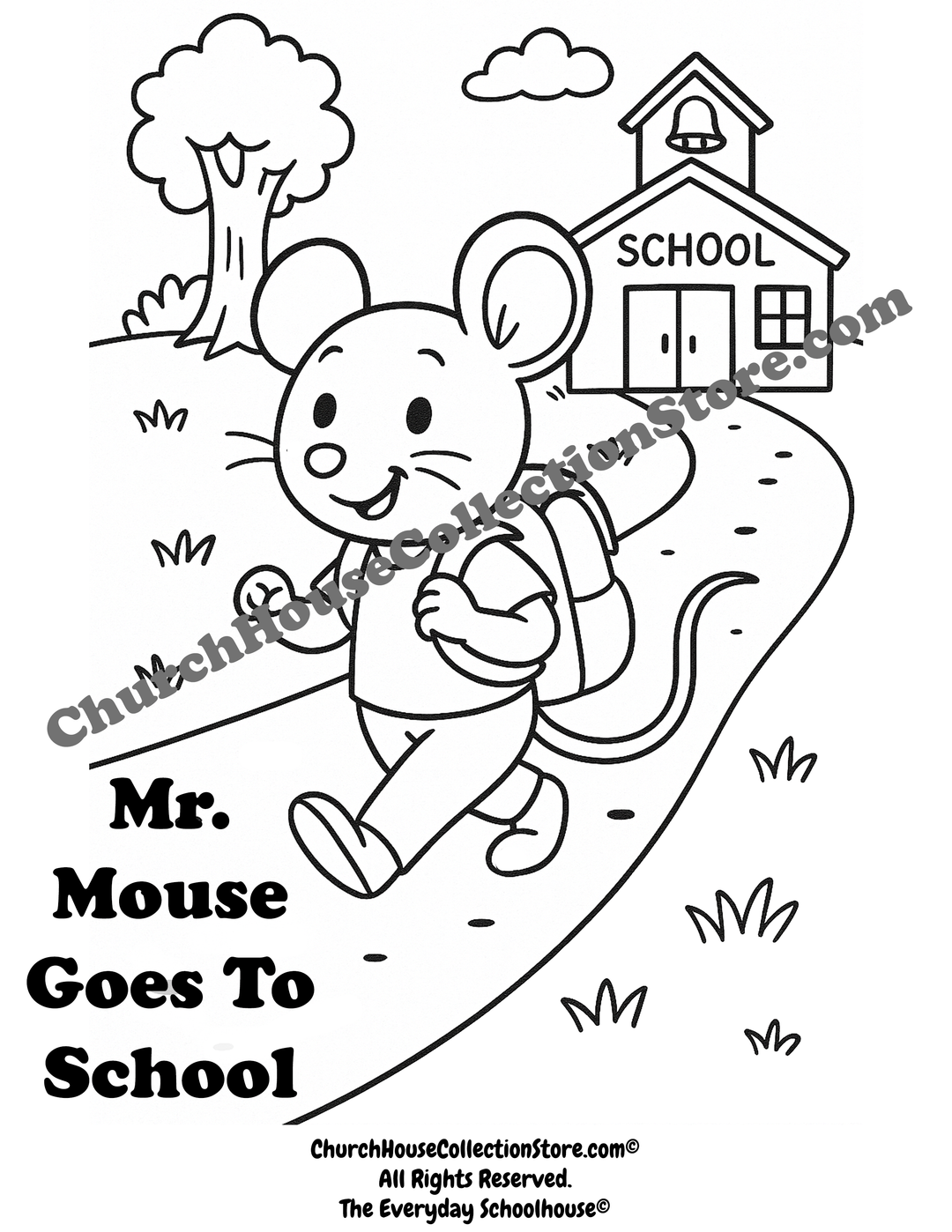 Mr. Mouse Goes to School – Free Coloring Page. First Day Of School For Preschoolers.