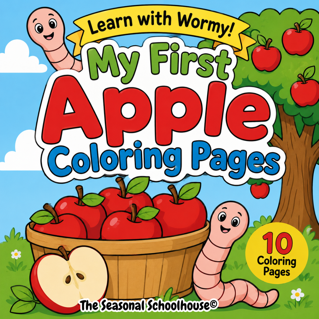Learn with Wormy! My First Apple Coloring Pages Bundle featuring 10 printable preschool apple vocabulary coloring pages with Wormy the friendly worm for fall learning and early literacy activities.