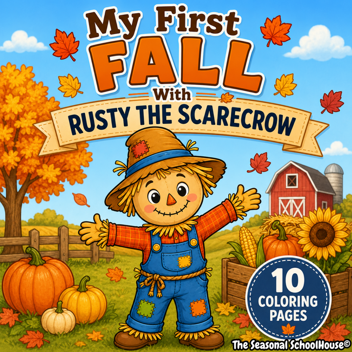 My First Fall with Rusty the Scarecrow printable bundle featuring 10 preschool fall coloring pages