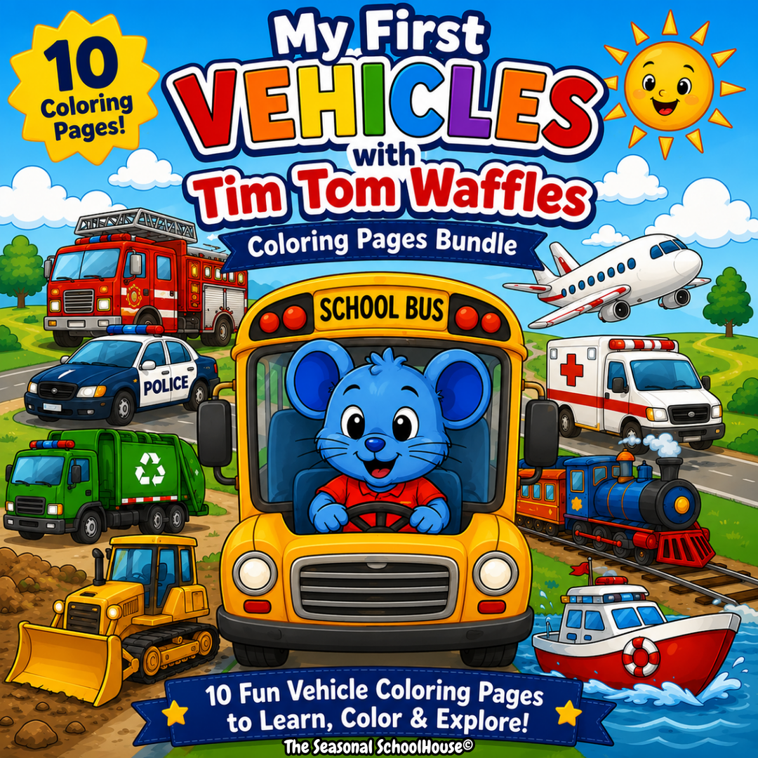 My First Vehicles with Tim Tom Waffles 10 preschool vehicle coloring pages bundle