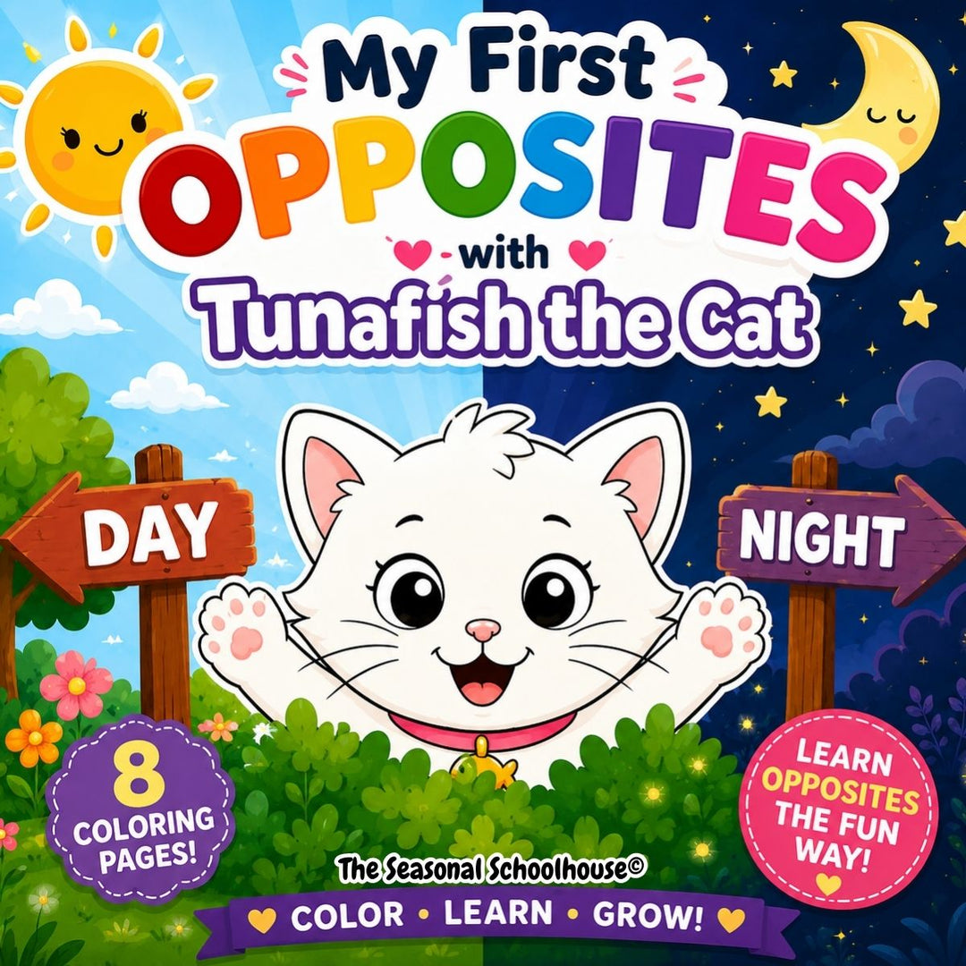My First Opposites with Tunafish the Cat – 8 Coloring Pages

Help toddlers and preschoolers learn opposite concepts with this fun printable coloring page bundle featuring Tunafish the Cat!

This beginner-friendly learning bundle includes 8 simple coloring pages designed especially for young children. Each page introduces an important opposite concept through fun illustrations that help children build vocabulary, comparison skills, and early learning concepts while coloring.

The large, easy-to-color designs