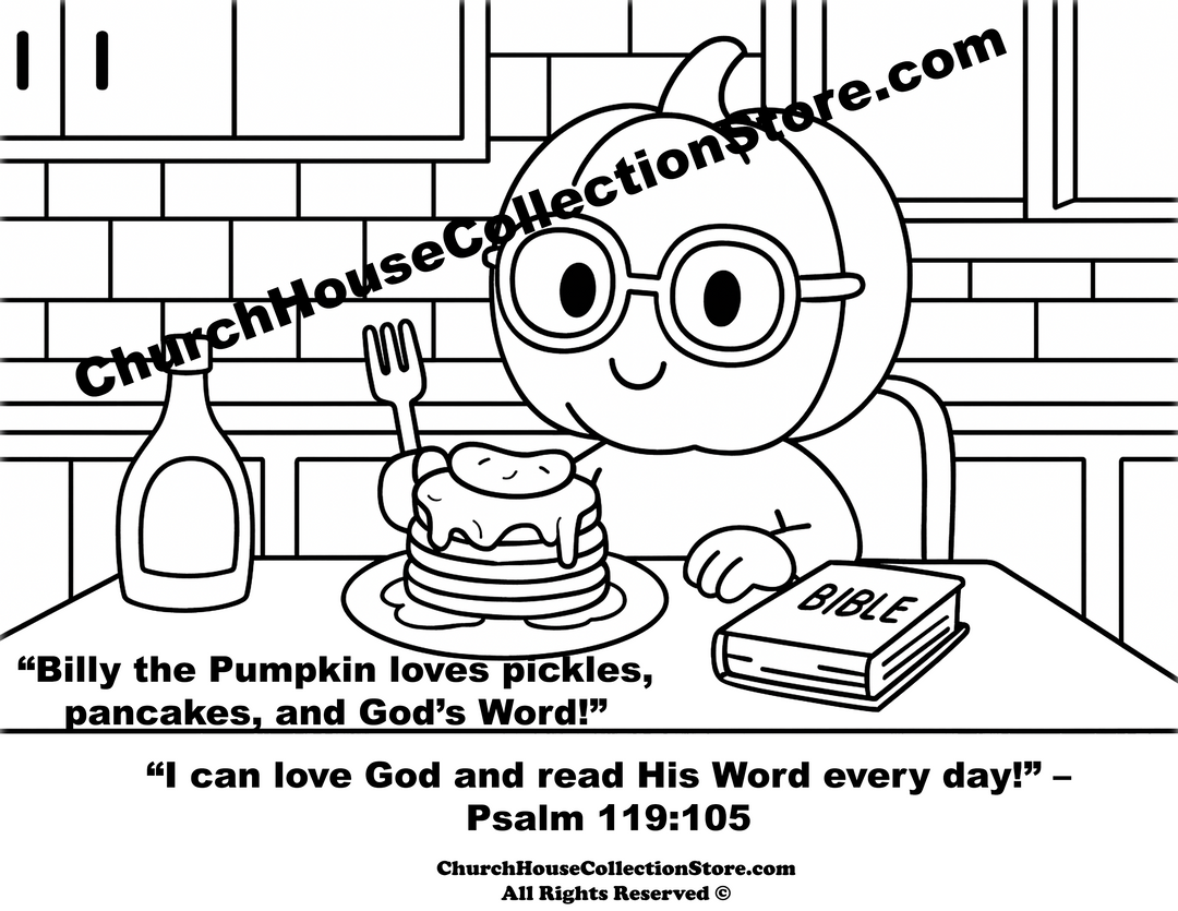 Pickles on My Pancakes Coloring Page – Billy the Pumpkin Bible Lesson Printable by Church House Collection Store