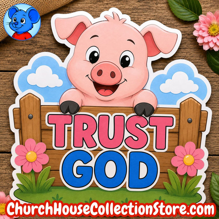 Trust God Pig Craft – Farm Bible Craft for Preschool &amp; Toddlers. Coloring page black and white version and colored version for Sunday school kids.