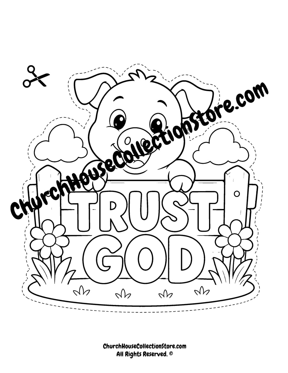Trust God Pig Craft – Farm Bible Craft for Preschool & Toddlers. Coloring page black and white version and colored version for Sunday school kids.
