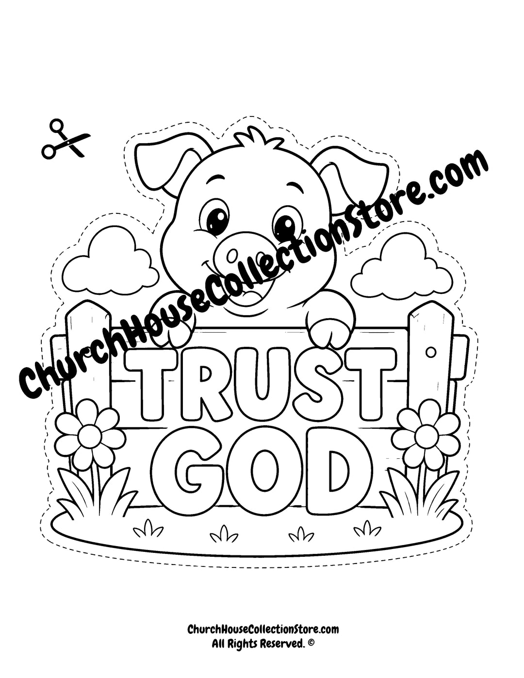 Trust God Pig Craft – Farm Bible Craft for Preschool &amp; Toddlers. Coloring page black and white version and colored version for Sunday school kids.