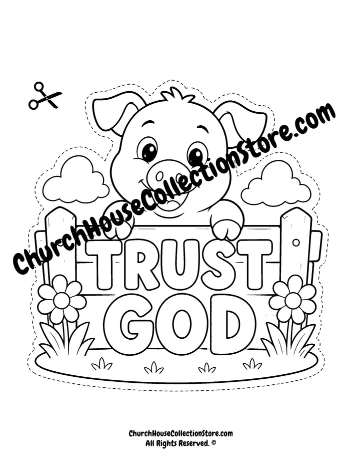 Trust God Pig Craft – Farm Bible Craft for Preschool &amp; Toddlers. Coloring page black and white version and colored version for Sunday school kids.