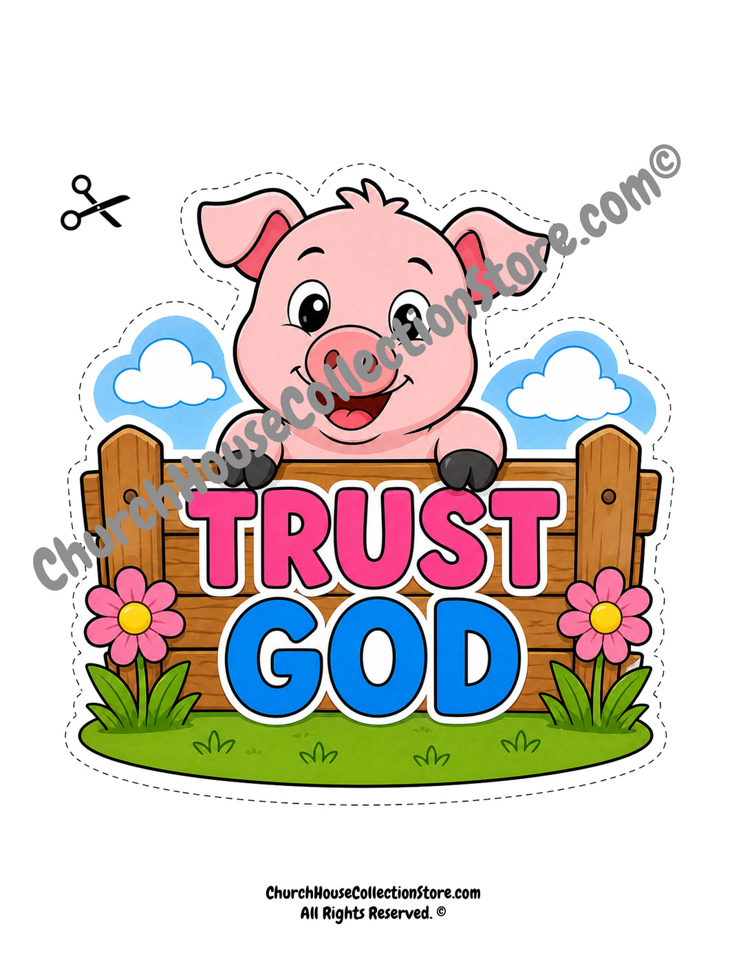 Trust God Pig Craft – Farm Bible Craft for Preschool &amp; Toddlers. Coloring page black and white version and colored version for Sunday school kids.