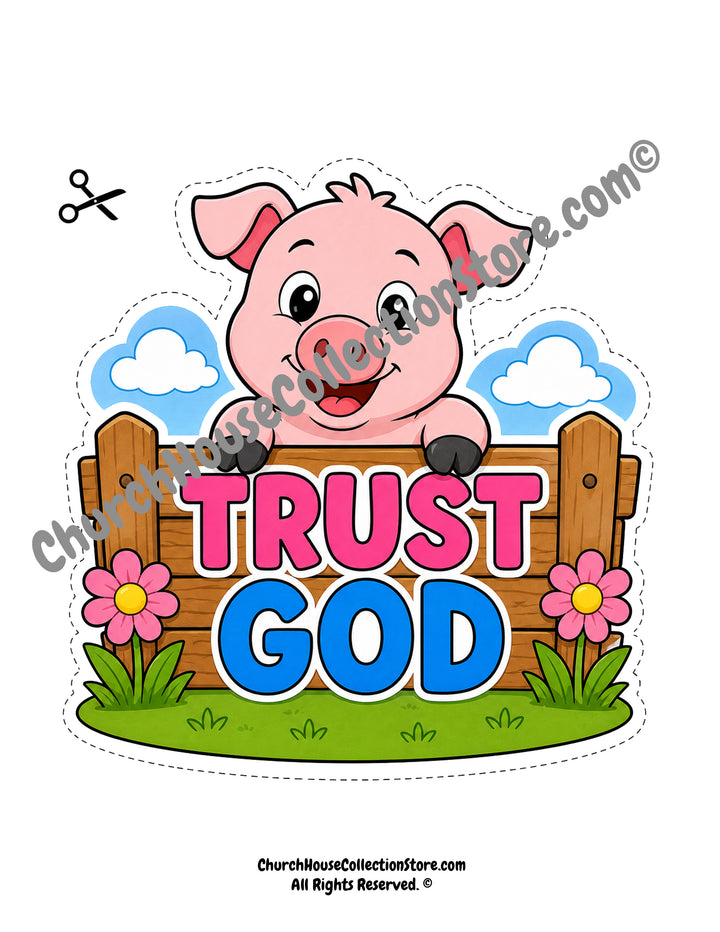 Trust God Pig Craft – Farm Bible Craft for Preschool &amp; Toddlers. Coloring page black and white version and colored version for Sunday school kids.