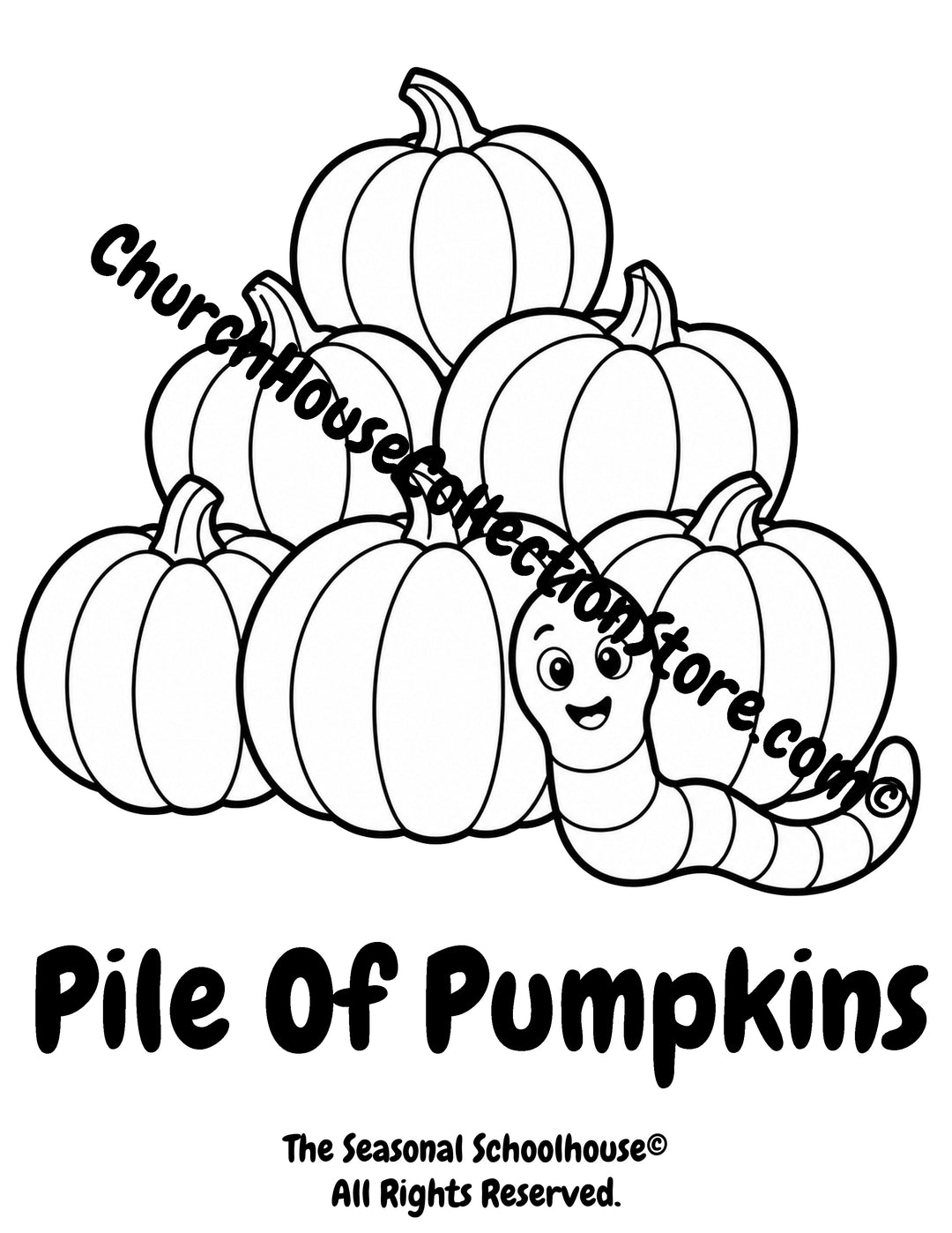 Printable Pile of Pumpkins Coloring Page with Wormy featuring a stack of pumpkins with bold outlines for preschool vocabulary learning, harvest classroom activities, autumn themes, and early literacy.