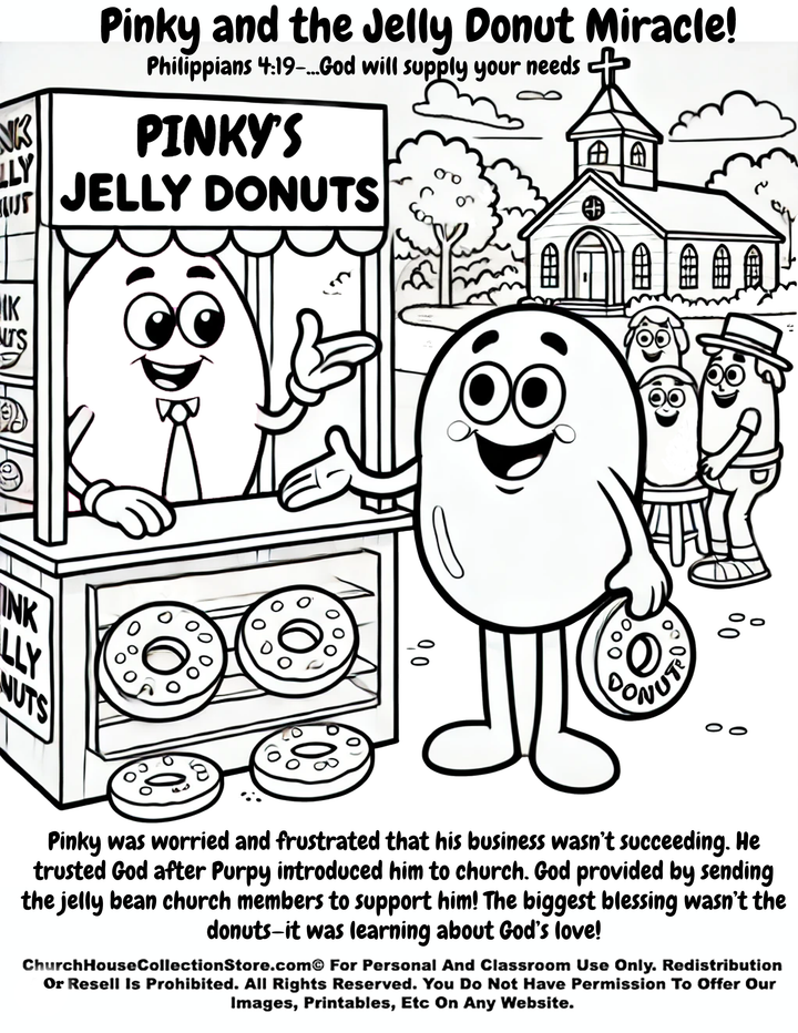 Pinky And The Jelly Donut Miracle! Sunday School Lesson Plan and Coloring Page by ChurchHouseCollectionStore.com