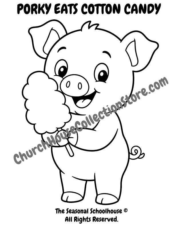 10 Porky Goes To The Fair Coloring Pages Bundle by The Seasonal Schoolhouse. Pig eating cotton candy