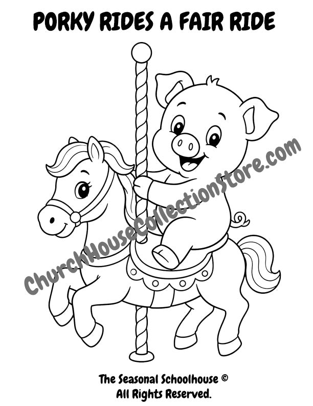 Porky Rides a Fair Ride Coloring Page. Porky the pig rides the carousel horse. Porky the pig goes the fair coloring pages by The Seasonal Schoolhouse.
