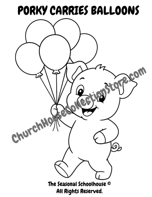 10 Porky Goes To The Fair Coloring Pages Bundle by The Seasonal Schoolhouse. Pig carries balloons.