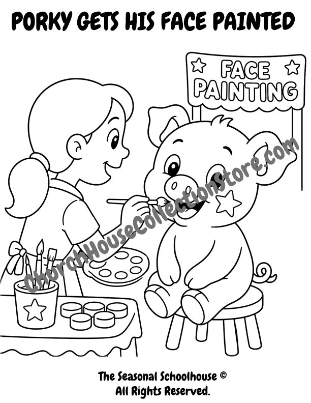 10 Porky Goes To The Fair Coloring Pages Bundle by The Seasonal Schoolhouse. Pig gets his face painted.