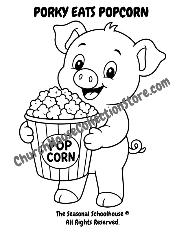 10 Porky Goes To The Fair Coloring Pages Bundle by The Seasonal Schoolhouse. Pig eats popcorn.
