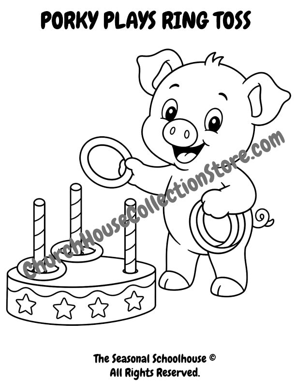 10 Porky Goes To The Fair Coloring Pages Bundle by The Seasonal Schoolhouse. Pig play ring toss game.