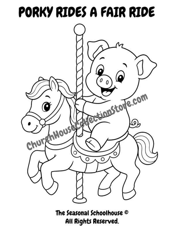 10 Porky Goes To The Fair Coloring Pages Bundle by The Seasonal Schoolhouse. Pig rides a fair ride. carousel horse.