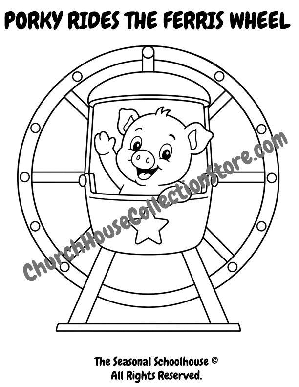 10 Porky Goes To The Fair Coloring Pages Bundle by The Seasonal Schoolhouse. Pig rides the Ferris wheel.