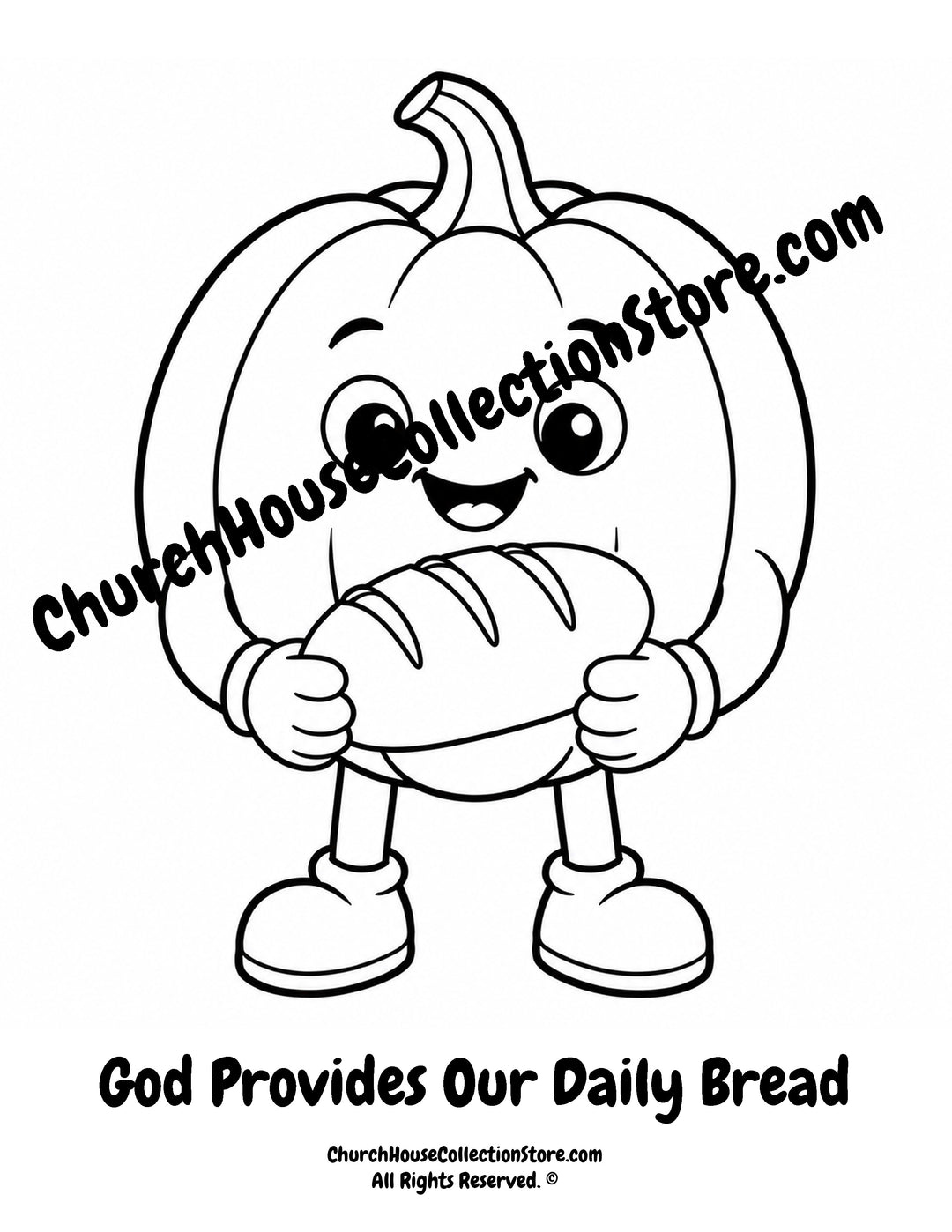 God Provides Our Daily Bread Christian coloring page featuring a smiling pumpkin holding a loaf of bread with Matthew 6:11 for preschool kids.