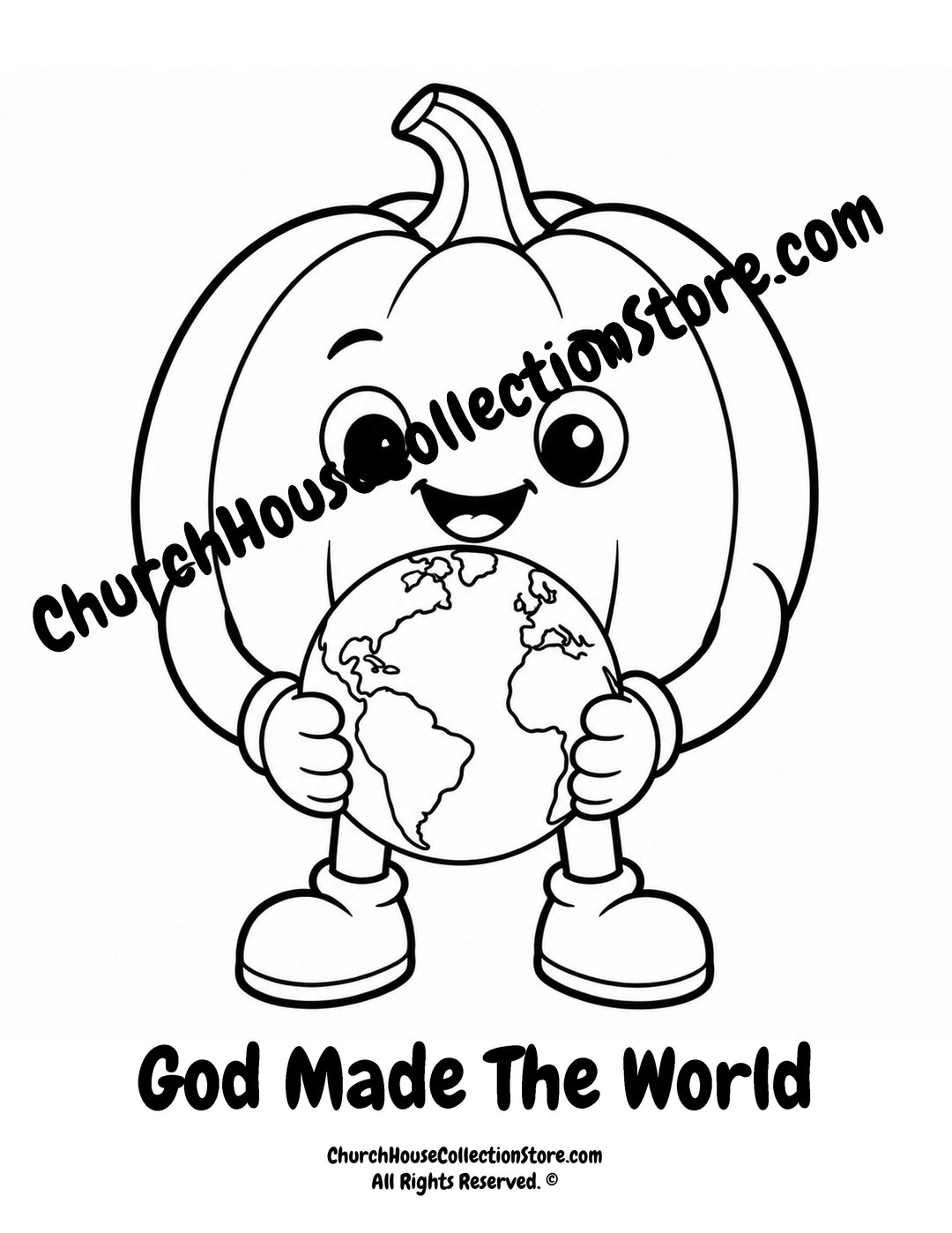 God Made the World Christian coloring page featuring a smiling pumpkin holding the Earth with Genesis 1:1 for preschool kids.