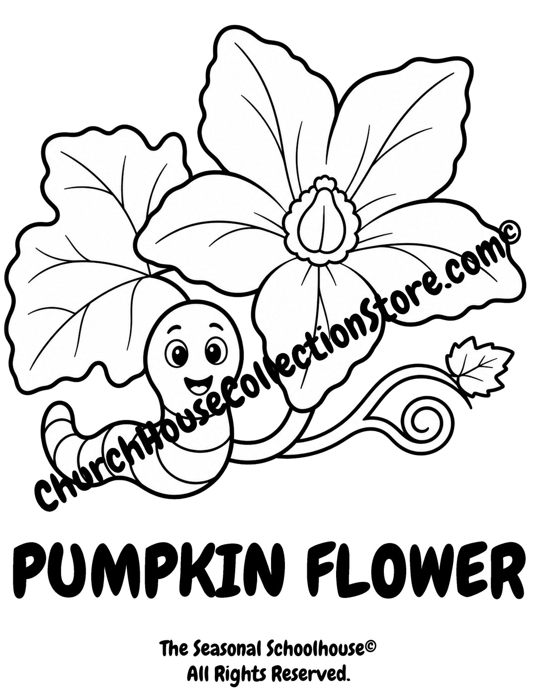 Printable Pumpkin Flower Coloring Page with Wormy featuring a pumpkin flower with bold outlines for preschool vocabulary learning, plant life cycle lessons, autumn activities, and early literacy.
