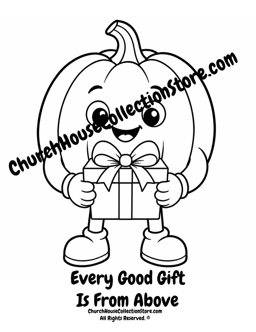 Every Good Gift Is From Above Christian coloring page featuring a smiling pumpkin holding a gift with James 1:17 for preschool kids.