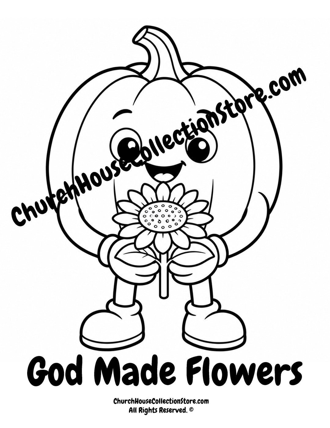 God Made Flowers Christian coloring page featuring a smiling pumpkin holding a sunflower with Luke 12:27 for preschool kids.
