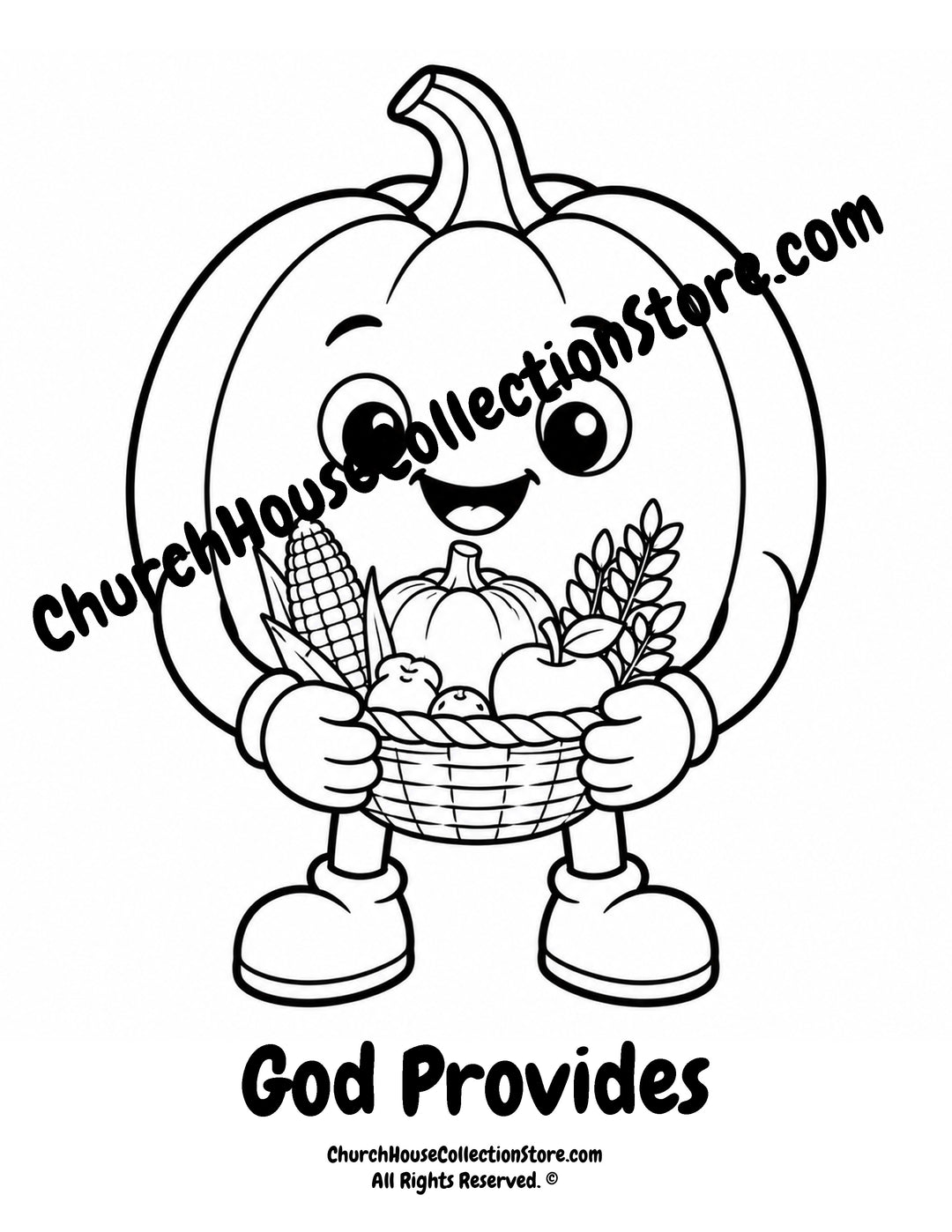 Pumpkin God Provides Christian coloring page featuring a smiling pumpkin holding a harvest basket with Philippians 4:19 for preschool kids.