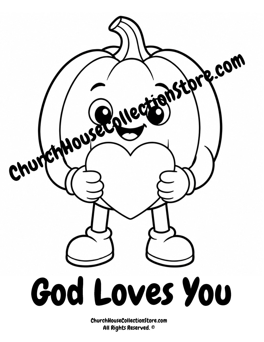 Pumpkin God Loves You Christian coloring page featuring a smiling pumpkin holding a heart with 1 John 4:19 for preschool kids.