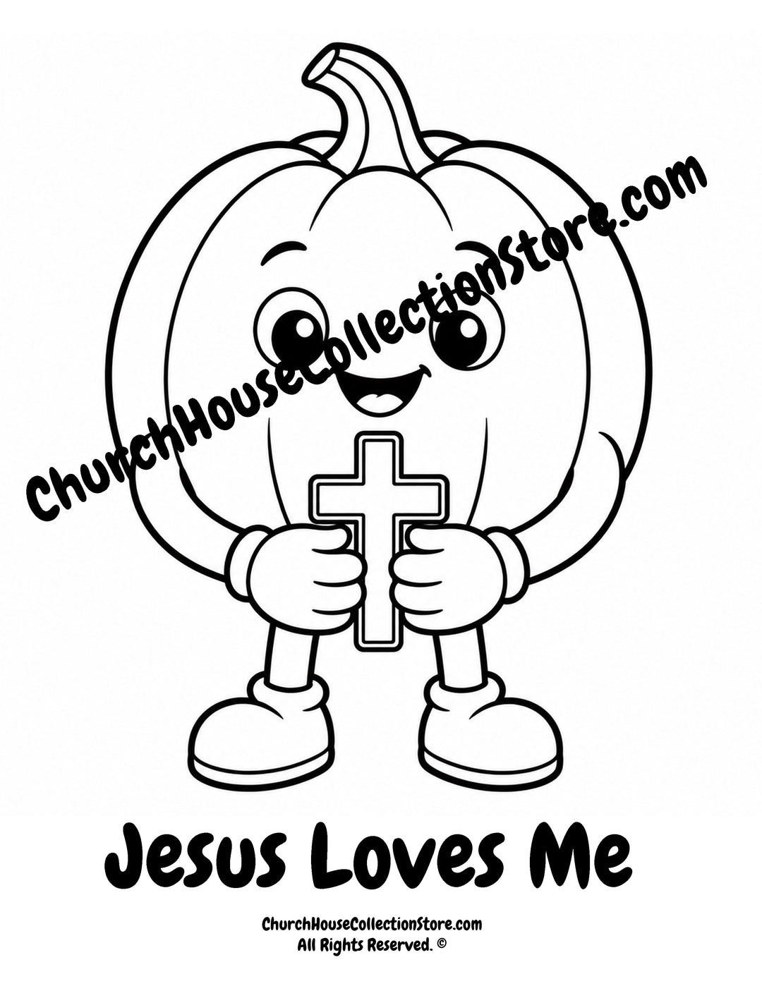 Pumpkin Jesus Loves Me Christian coloring page featuring a smiling pumpkin holding a cross with Matthew 19:14 for preschool kids.