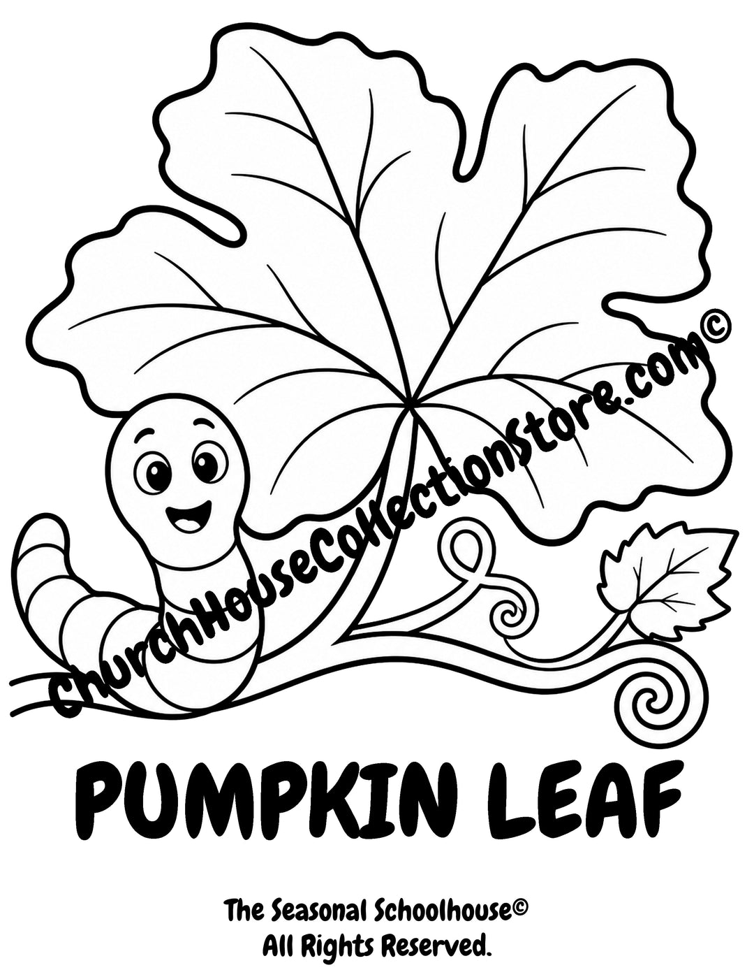 Printable Pumpkin Leaf Coloring Page with Wormy featuring a large pumpkin leaf with bold outlines for preschool vocabulary learning, autumn classroom activities, plant studies, and early literacy.