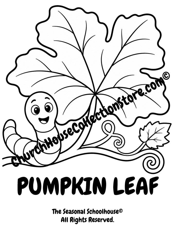 Printable Pumpkin Leaf Coloring Page with Wormy featuring a large pumpkin leaf with bold outlines for preschool vocabulary learning, autumn classroom activities, plant studies, and early literacy.